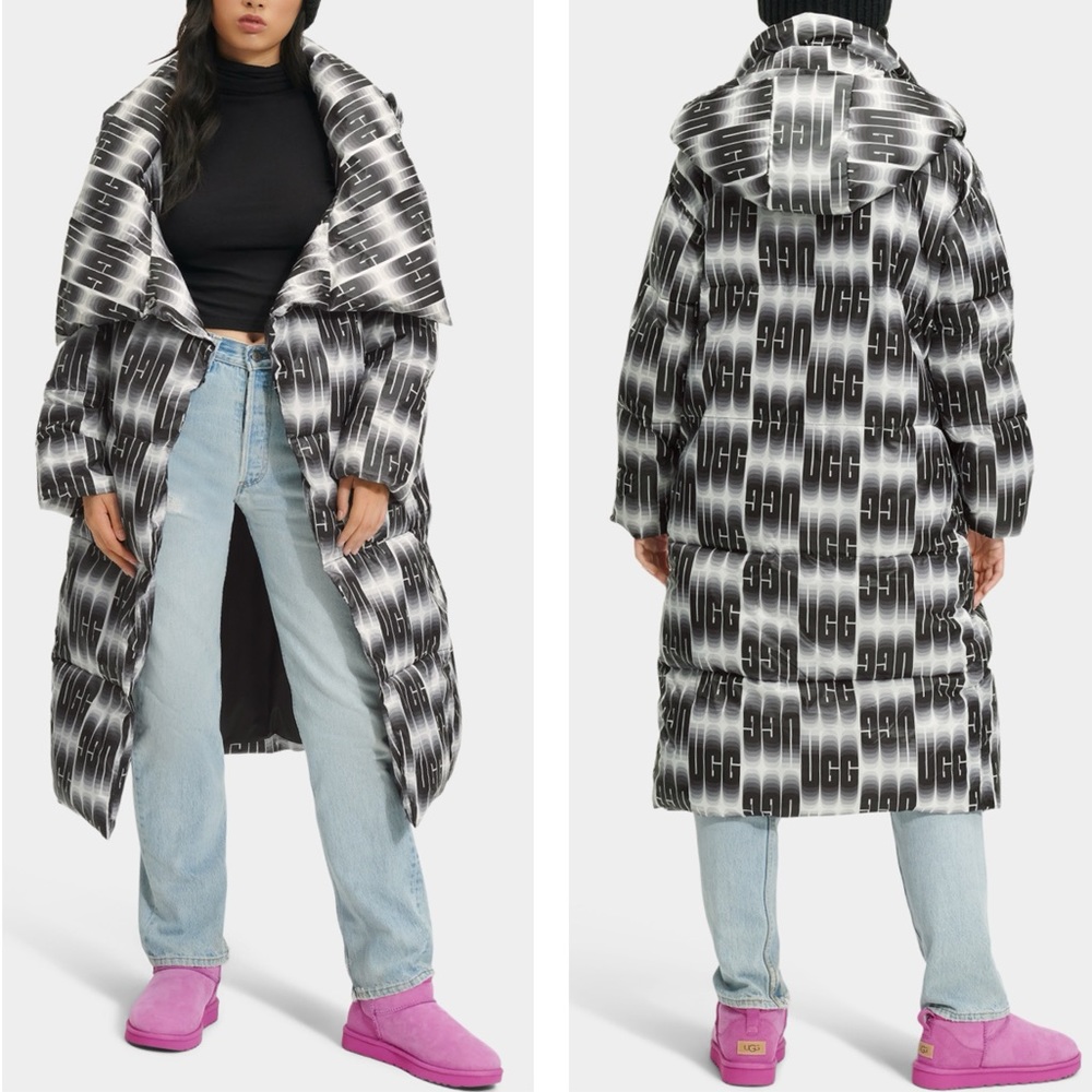 UGG NWT Catherina Black & White UGG Logo Graphic Puffer Jacket Size Medium